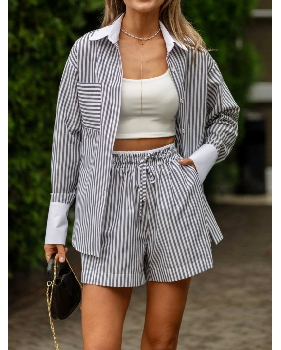 76 Костюм сорочка + шорти у смужку з довгим рукавом